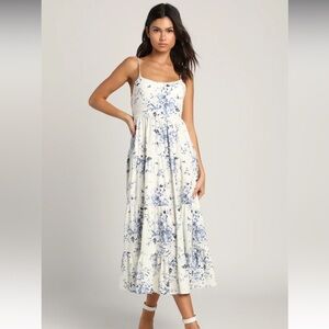 Mykonos Mood Ivory Floral Print Tie-Strap Tiered Midi Dress - NWT